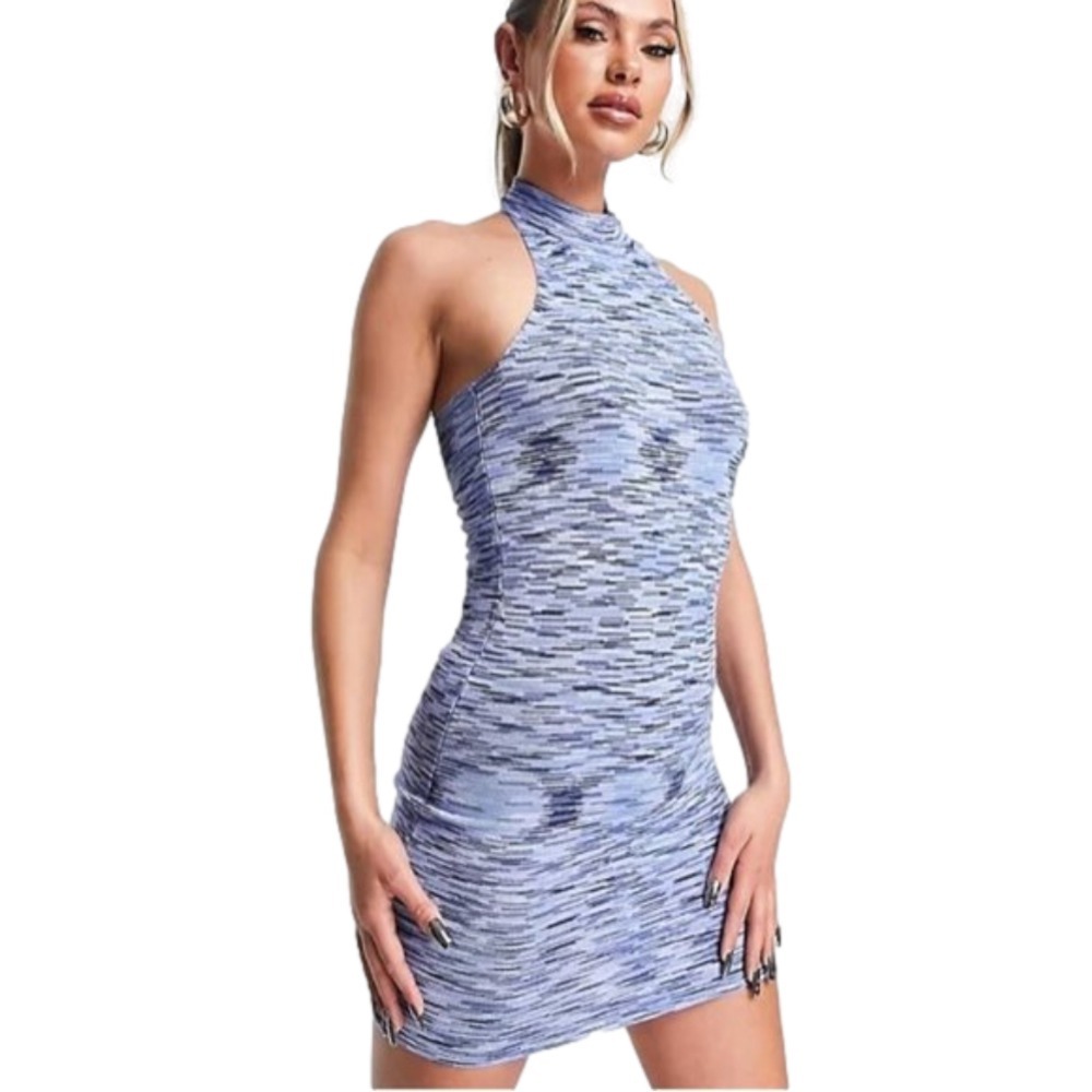 New MISSGUIDED (Asos) Blue Space Dye Racer Dress‎ Size 2/4 Bodycon High Neck